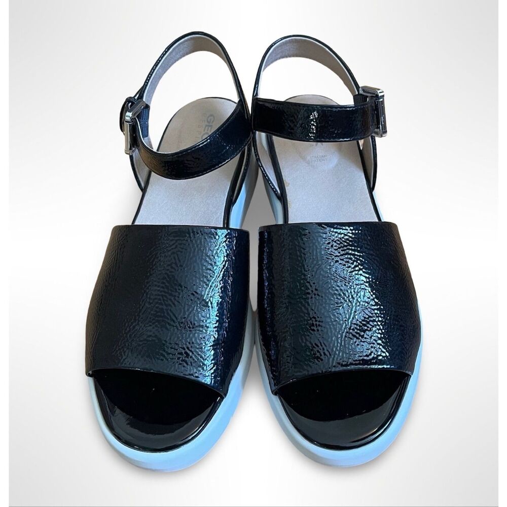 GEOX Wimbley Women's 8 Sandals Black Patent Leather Buckle White Rubber Sole - Picture 2 of 7